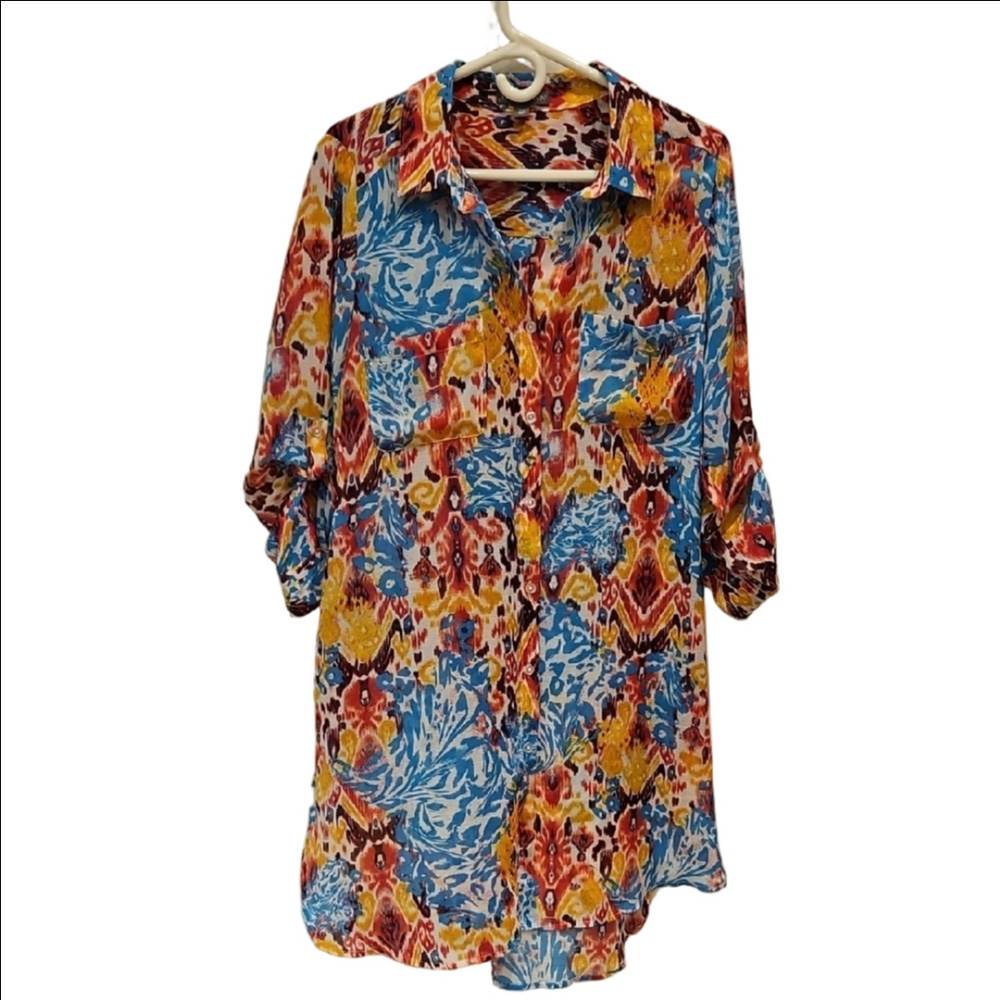 JESSICA LONDON Shirt Dress Sheer Vibrant Floral Multicolor Women's Plus 18W